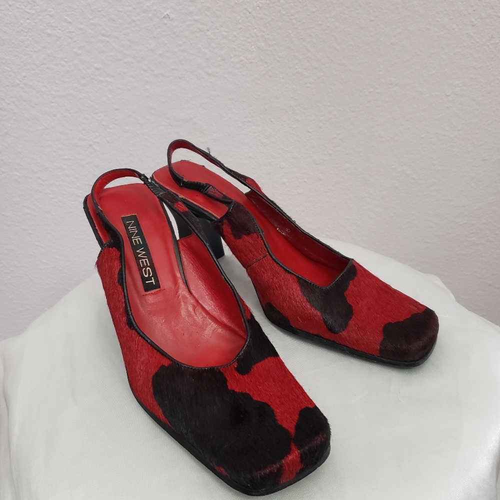 black and red cow print heels